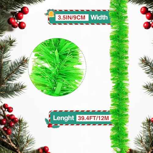 33FT Christmas Tinsel Garland Lime Green Metallic Hanging Twisted Garland for Christmas Tree Fireplace Mantle Xmas Party Home Decoration