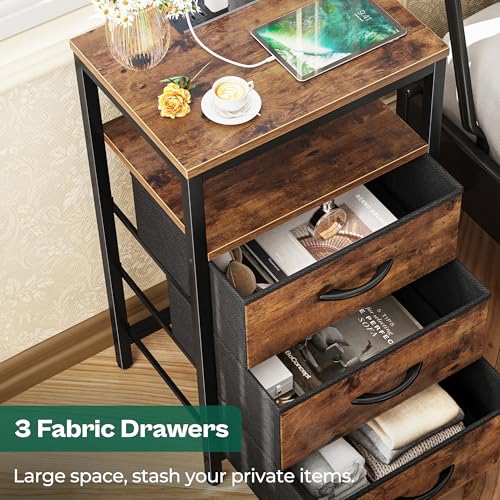 Huuger Nightstand with Charging Station - Rustic Brown, 3 Drawers, 27.6 Inch Tall Side Table with Outlets & Storage