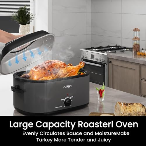 28 Quart Electric Roaster Oven with Self-Basting Lid - Large Capacity Turkey Roaster, Fast Heating, Warming Setting, Grey Variation