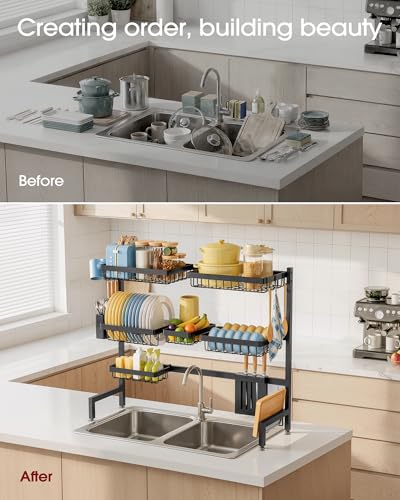 Black 3-Tier Over-The-Sink Dish Drying Rack - Adjustable Stainless Steel Kitchen Organizer