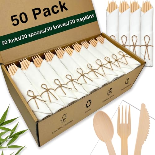 50 Pack Pre-Rolled Bamboo Silverware Set with Napkins - Eco-Friendly Disposable Utensils