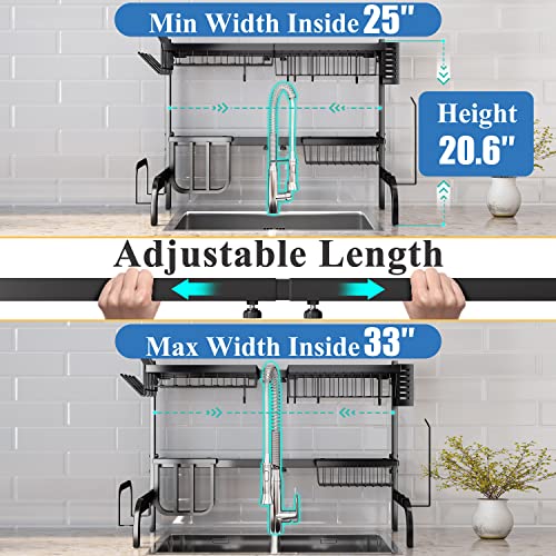 Over The Sink Dish Drying Rack Black - Adjustable 25.5-33.5 Inches, 2-Tier Kitchen Organizer