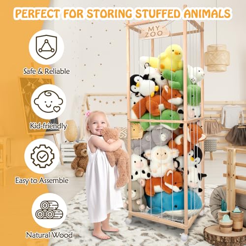 Wooden Stuffed Animal Storage Zoo with Wheels - 64 Inch Large Toy Organizer