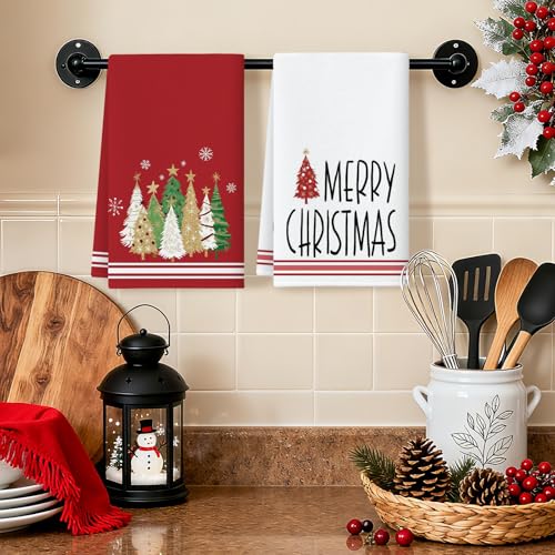 OTOSTAR Christmas Kitchen Towels Set of 2 18x26 Inch Red Tree & Snowflakes Holiday Decor