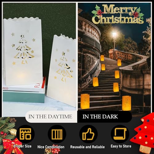 Sabary 100 Pack White Flame-Resistant Christmas Luminary Bags with Tree Cutouts, Reusable Paper Lanterns for Holiday Decor