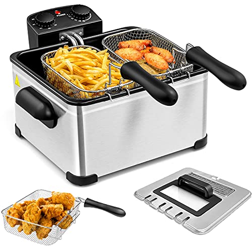 SIMOE 5.3QT Deep Fryer with Basket - 5L Silver, Adjustable Temp & Easy Clean