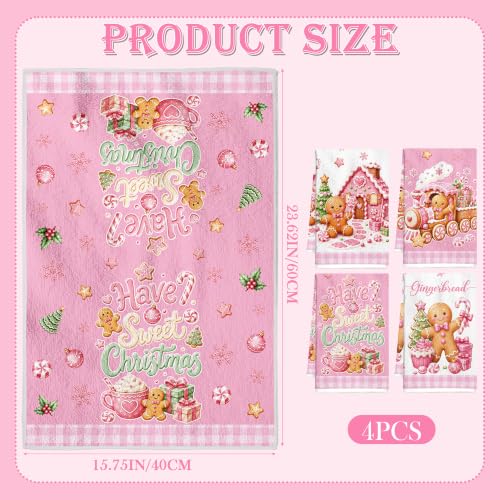 MOIZYNG Pink Christmas Gingerbread Kitchen Towels Set of 4 - Holiday Dish Towels