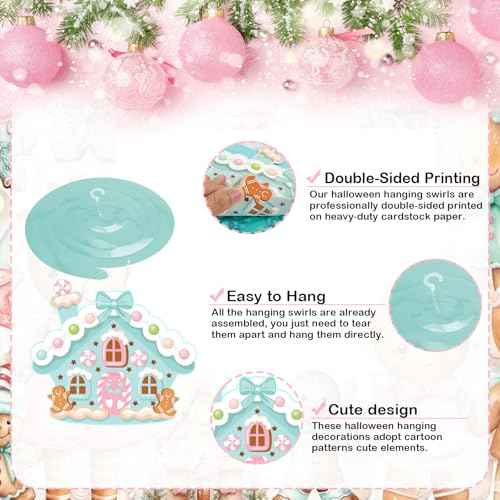 K KUMEED 20 Pcs Gingerbread House Theme Party Hanging Swirls Ceiling Hanging Streamers,Cute Gingerbread House Party Decorations Banner for Christmas Birthday Baby Shower