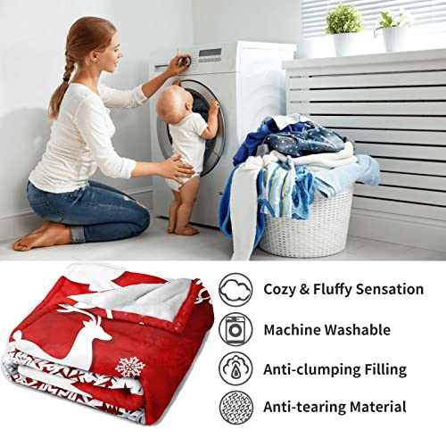 Merry Christmas Red Flannel Fleece Throw Blanket 60x80in with Snowflake Reindeer Print - White