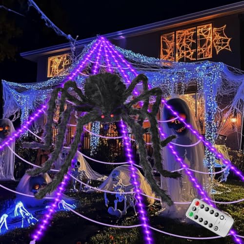 Giant Luminous Spider Web Halloween Decorations with Spider & Lights