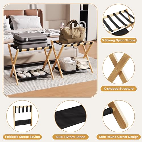 Natural Wood Luggage Rack Set of 2 - 26.77 Inch Suitcase Stands for Guest Room
