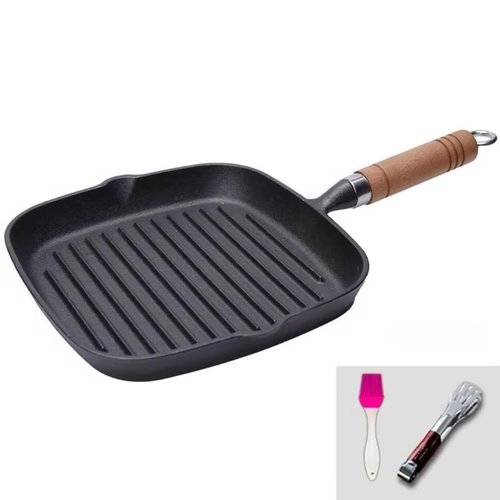 9 Inch Nonstick Grill Pan for Stove Tops, Versatile Uncoated Non-stick Surface Pan, Cast Iron Steak Pot, Indoor & Outdoor Grilling, Free Clips and Oil Brushes