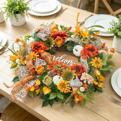 NaturaWre 24 Inch Fall Wreath with Welcome Sign & Leopard Ribbon - Autumn Front Door Decor