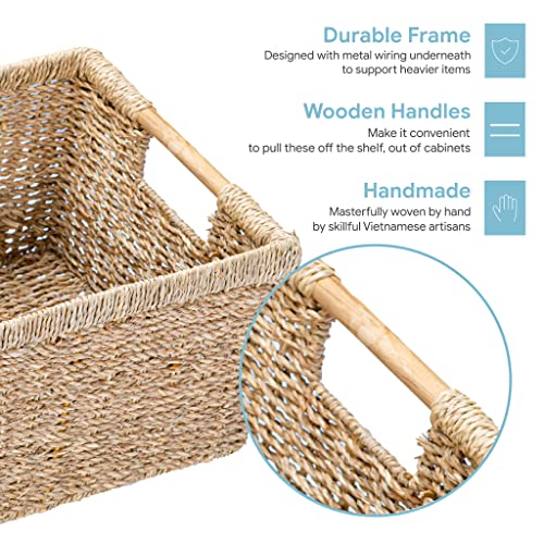 Seagrass Wicker Basket Set - Large Rectangular Storage Baskets with Wooden Handles, 3 Pack