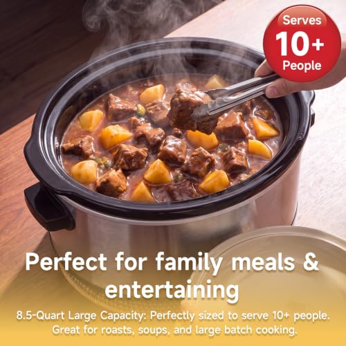 8.5 Qt Aluminum White Slow Cooker with Timer - Large Capacity for 10+ Servings