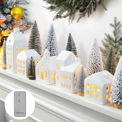 Lighted Ceramic Christmas Village Set with Houses, Trees & Remote Control