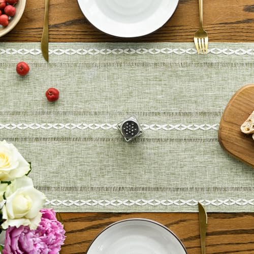 Artoid Mode Sage Green Rustic Cotton Linen Table Runner 13x90 Inch for Dining & Home Decor