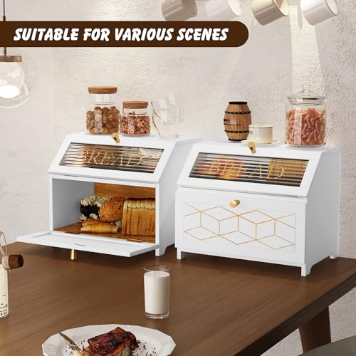 White Double Layer Bread Box with Golden Trim - Wooden Countertop Storage for Kitchen - Solid White