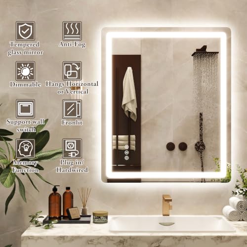 30x36 Inch LED Bathroom Mirror with Anti-Fog, Dimmable Wall Mount Vanity Light