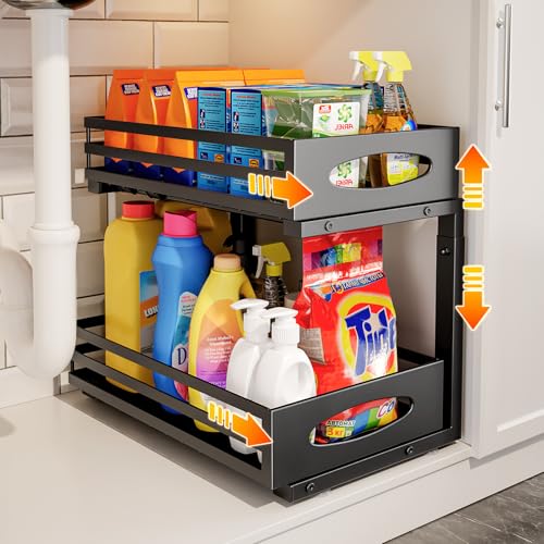 Black 2-Tier Under Sink Organizer with Adjustable Height - Pull-Out Cabinet Storage Shelf