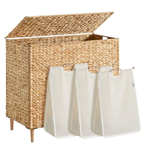 SONGMICS Natural Water Hyacinth Laundry Hamper with Lid 180L Wicker Basket, 3-Section Family Size