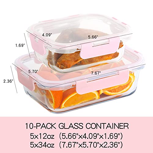Pink Glass Food Storage Containers Set - Leakproof & Airtight, 10 Pack with Lids