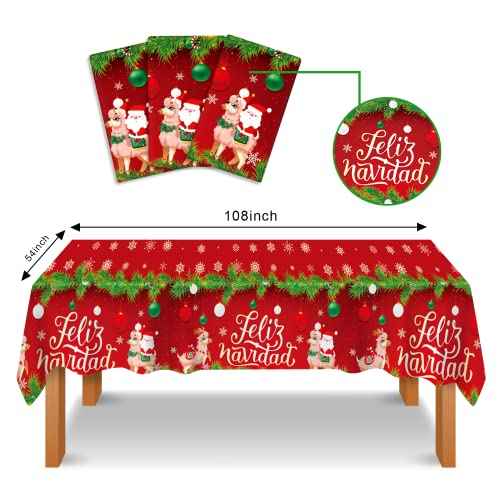 3 Pcs Feliz Navidad Decorations Tablecloth, Red Feliz Navidad Sign Tablecovers, Feliz Navidad Decorations for Home Spanish Christmas Decorations Tablecloth for Christmas Xmas Party 54 x 108 Inch