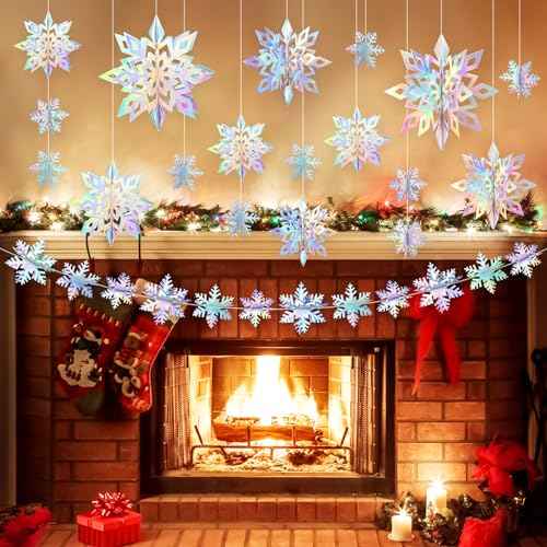 24 Pcs Christmas Hanging Snowflake Decorations, 3D Paper Snowflake Garland Ornaments for Christmas Home Tree Winter Party Decorations