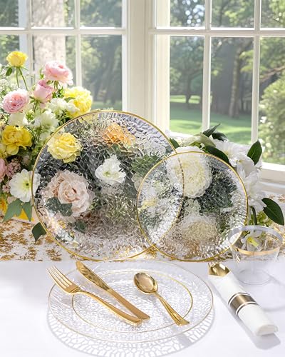 Hioasis Clear Gold Disposable Plates - 350 Pcs Wedding & Party Tableware