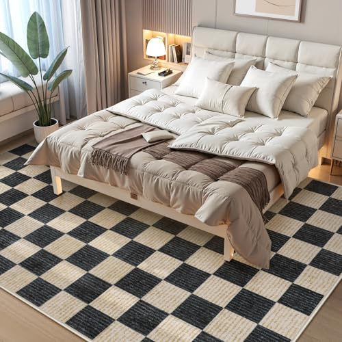 8x10 Checkered Washable Area Rug - Non-Slip Black & White Living Room Floor Cover