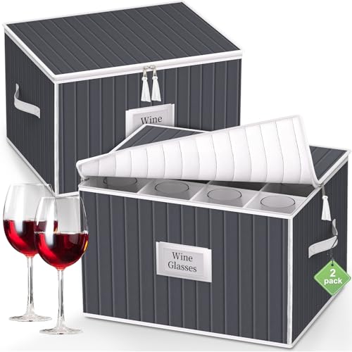 Gray 2-Pack Wine Glass Storage Box with Padded Dividers & Hard Shell for 24 Glasses