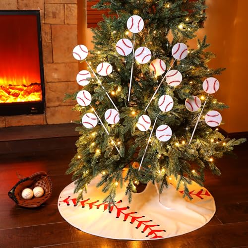 Baseball Christmas Ornaments Set with 36'' Tree Skirt and 6 Picks - Vertintong (Baseball Theme)