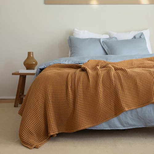 Viva Maison Caramel King Size Waffle Blanket 95x110 Inches - Breathable 100% Cotton
