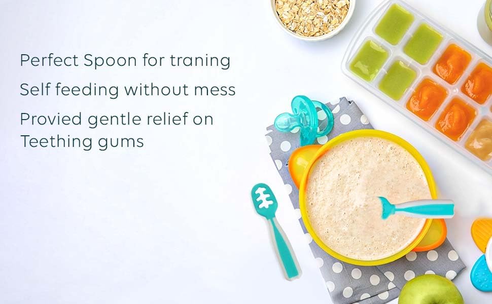 Skiennix Baby Spoons - Silicone Pre-Spoons for 6+ Months | Perfect for Baby-Led Weaning - Set of 2, Teal/White
