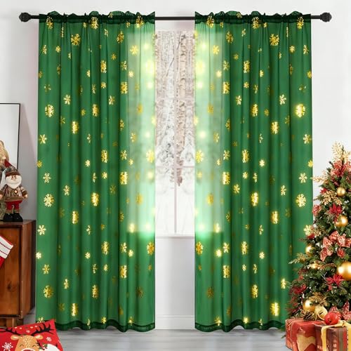 MikiUp Christmas Snowflakes Sheer Curtains 2 Pack Green & Gold 52x95 inches