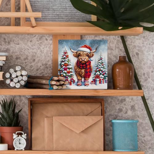 Nvotell Christmas Highland Cow Wooden Sign 5x5in - Western Highland Cow Box Sign, Christmas Cow Lovers Gift (Variation: Christmas Cow 07)