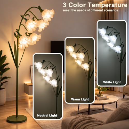Green & White Flower Floor Lamp with 5 LED Bulbs, Adjustable Arc Standing Light for Living Room & Bedroom