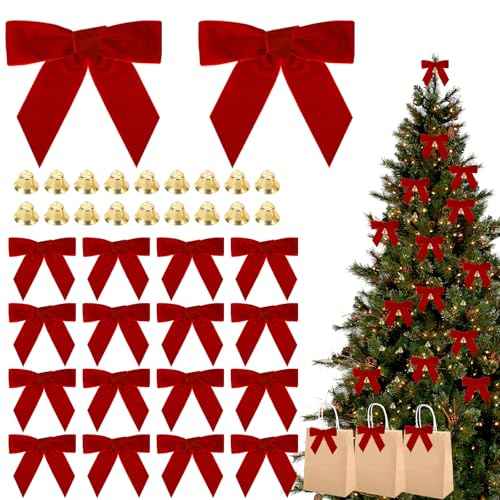 20PCS Velvet Bows Christmas Tree Decorations, 20PCS Jingle Bells & Twist Tie Bows for Crafts, Velvet Ribbon Christmas Bow for Gift Wrapping, Xmas Wreaths Garland, Wedding, Home Decors (Red)