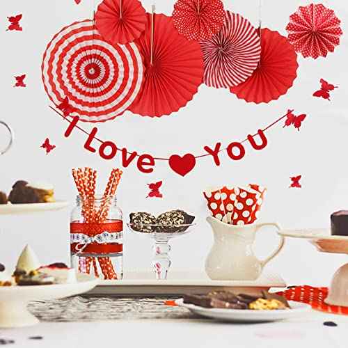 LRCXL 12PCS Party Hanging Paper Fans Set, Fiesta Round Pattern Paper Garlands Decoration Party Supplies for New Year Baby Shower Birthday Wedding Graduation Events Accessories(Red)