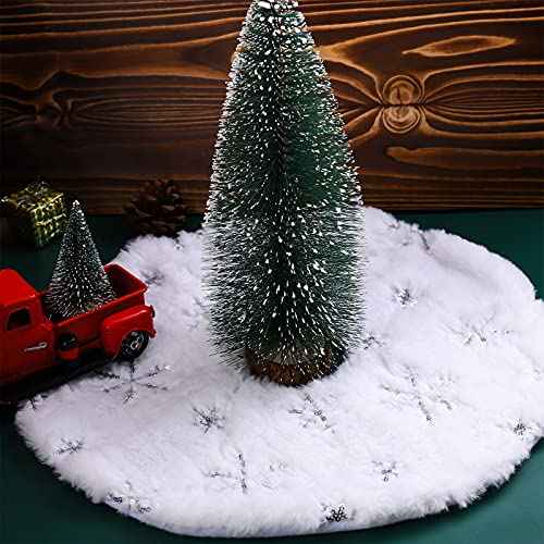 URATOT 2 Pack 15 Inches Mini Christmas Tree Skirt White with Silver Snowflake Tree Mat Faux Fur Plush Xmas Tree Skirt for Christmas Holiday Party Indoor Outdoor Home Decoration