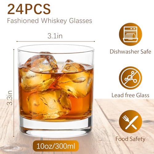 24PCS Clear Whiskey Old Fashioned Glass Set 10oz Heavy Base Rocks Barware