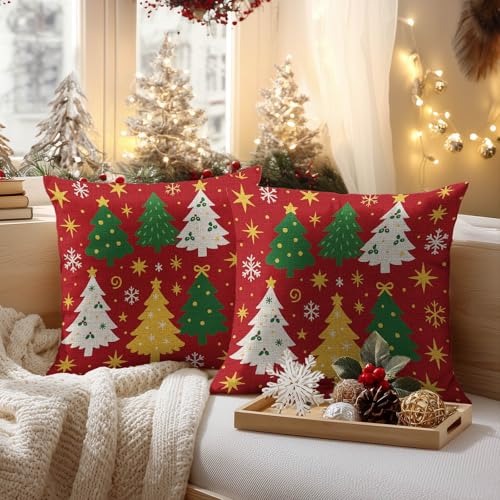 HOMETITUTE Christmas Throw Pillow Covers Set of 2 - Festive 18x18 inches, Tree & Star Pattern, Holiday Home Decor #008