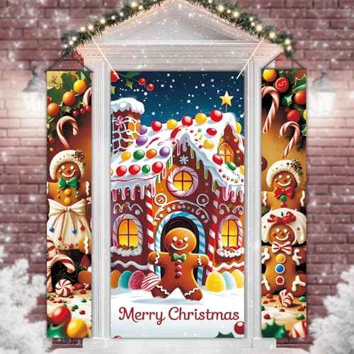 3Pcs Christmas Gingerbread Man Door Cover and Christmas Door Banners Set, Gingerbread Merry Christmas Decorations for Front Door, Xmas Porch Banner for Wall Home Outdoor Indoor Party