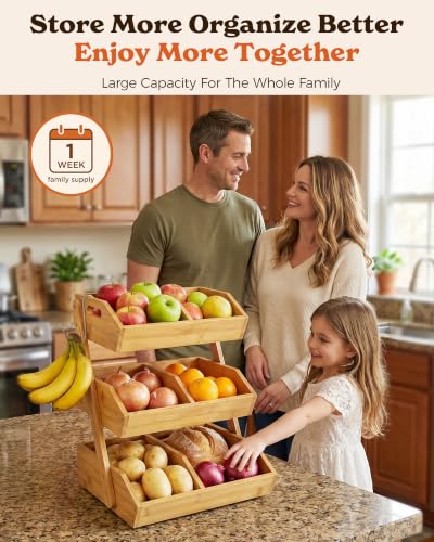 Natural Bamboo 3-Tier Fruit Basket with 2 Banana Holders - Kitchen Organizer