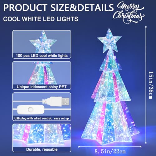 Holographic 15-Inch LED Christmas Tree Desktop Decor Iridescent Gift Box