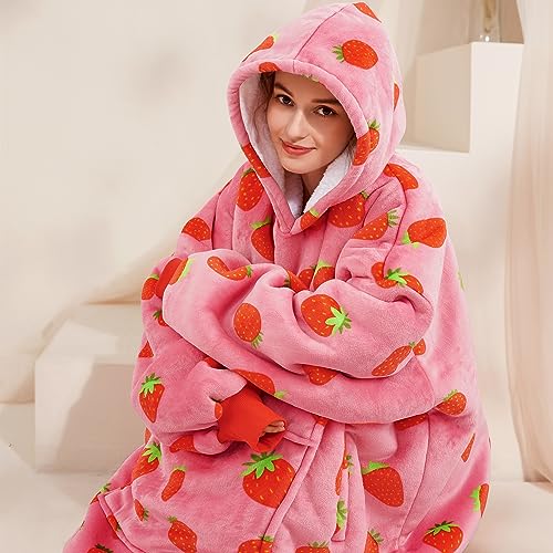 Narecte Cozy Oversized Wearable Blanket Hoodie for Adults - Strawberry