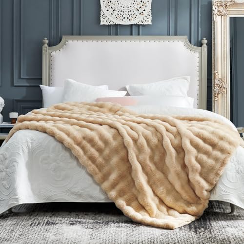 Beige Faux Fur Throw Blanket - Twin 60x80 Inches Cozy Plush Bubble Design
