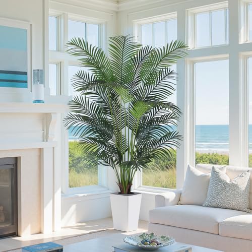 7ft Artificial Palm Tree with White Tall Planter, Lifelike Indoor Outdoor Decor