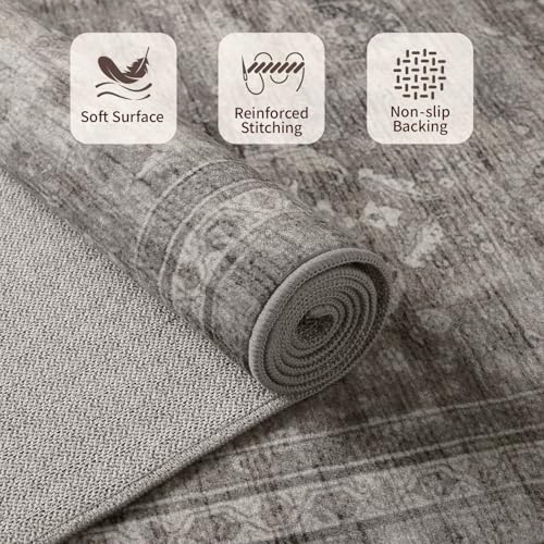 Washable 5x7 Taupe Grey Area Rug - Boho Floral Geometric Pattern for Living Room & Bedroom - Non-Slip Backing