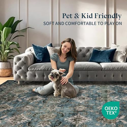 Blue Vintage Living Room Rug 9x12 Carpet with Non-Slip Backing - Washable & High Traffic